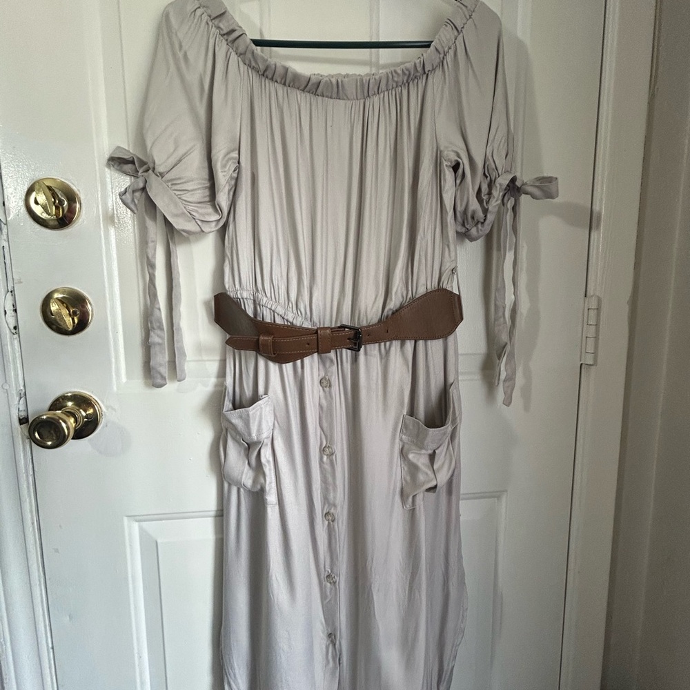 Elegant Cream Dress with Brown Belt